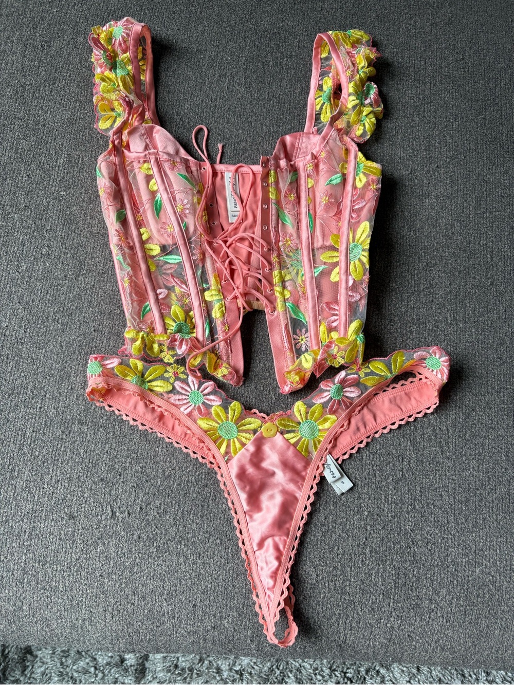 Brand New For Love And Lemons Pink Floral Lace-Up Bustier & Thong Set